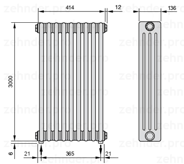 Схема (чертеж) Радиатор Zehnder Charleston 4300/9 №5310 Белый глянцевый RAL 9016